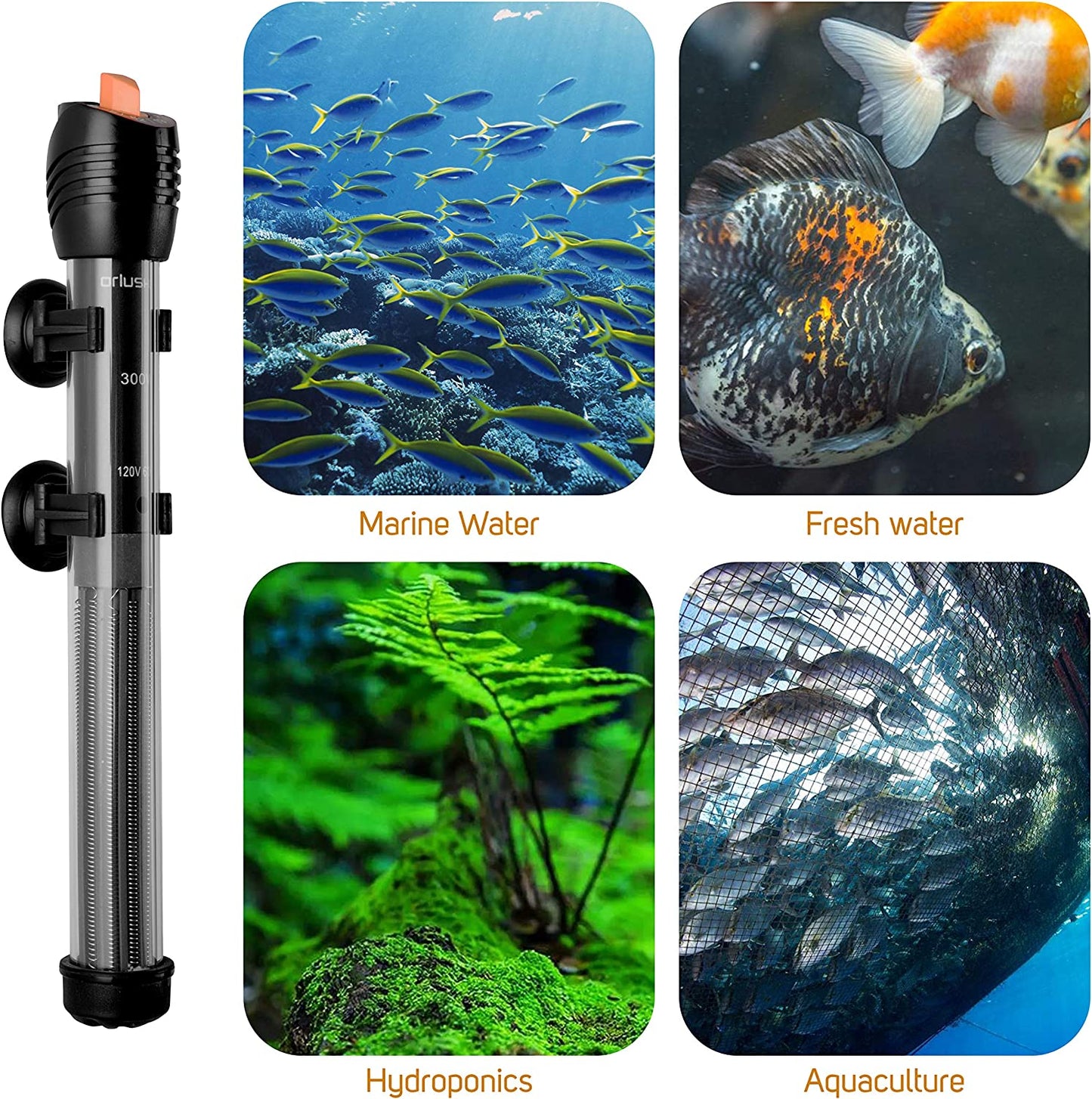 Orlushy Submersible Aquarium Heater,300W Adjustable Fish Tahk Heater with 2 Suction Cups Free Thermometer Suitable for Marine Saltwater and Freshwater