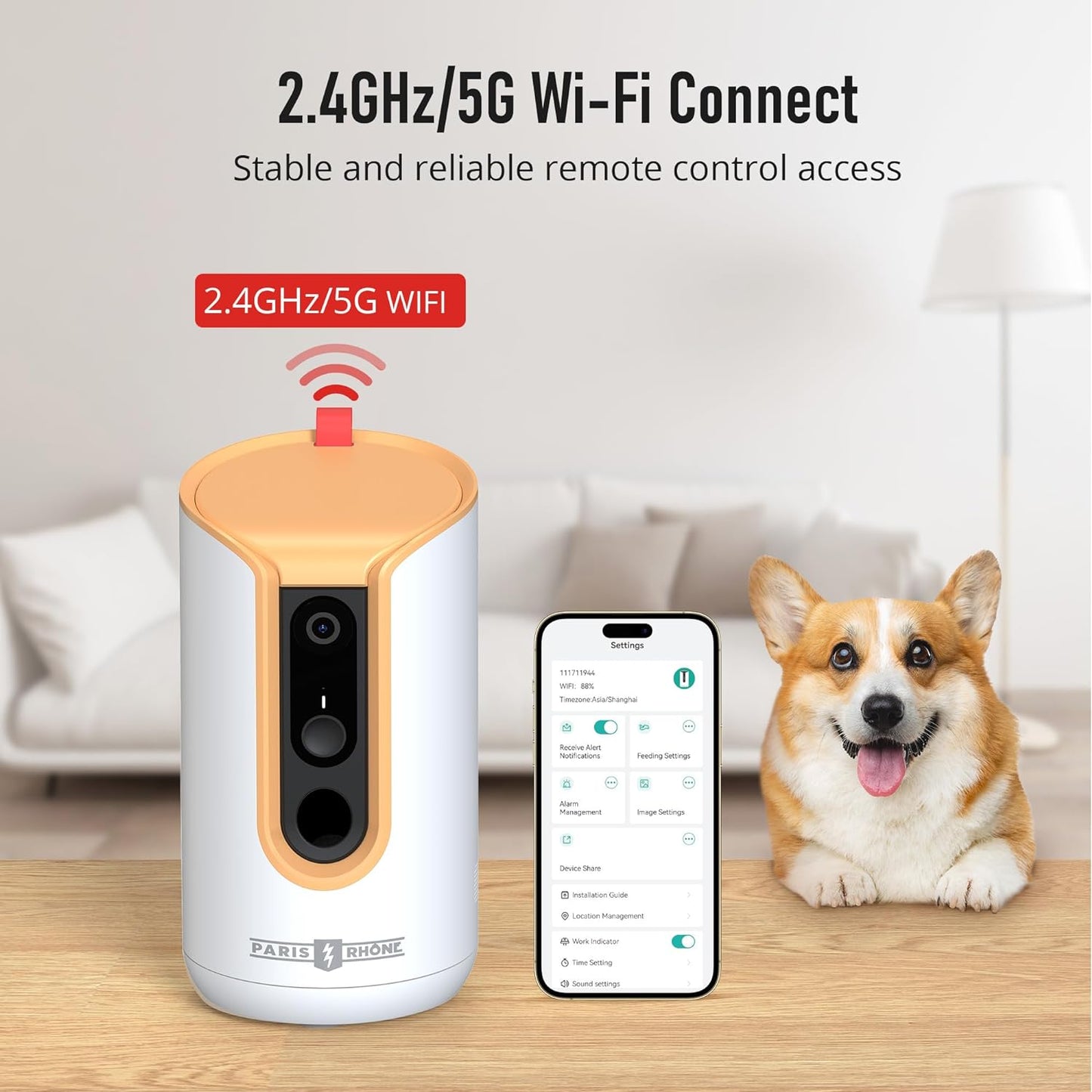 PARIS RHÔNE 2K Pet Camera, 360°View Dog Camera with Treat Dispensing, 5G Wifi Pets Monitoring with Smart Phone APP, Barking Detection and Motion Alerts, Two-Way Audio, Infrared Night Vision