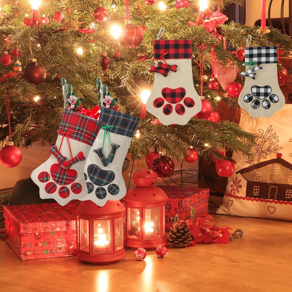 XinblueCo Christmas Pet Stockings Cat Dog Paw Dog Fish Bone Pattern Stockings Buffalo Plaid Fireplace Hanging Stockings for Fireplace Tree Decoration