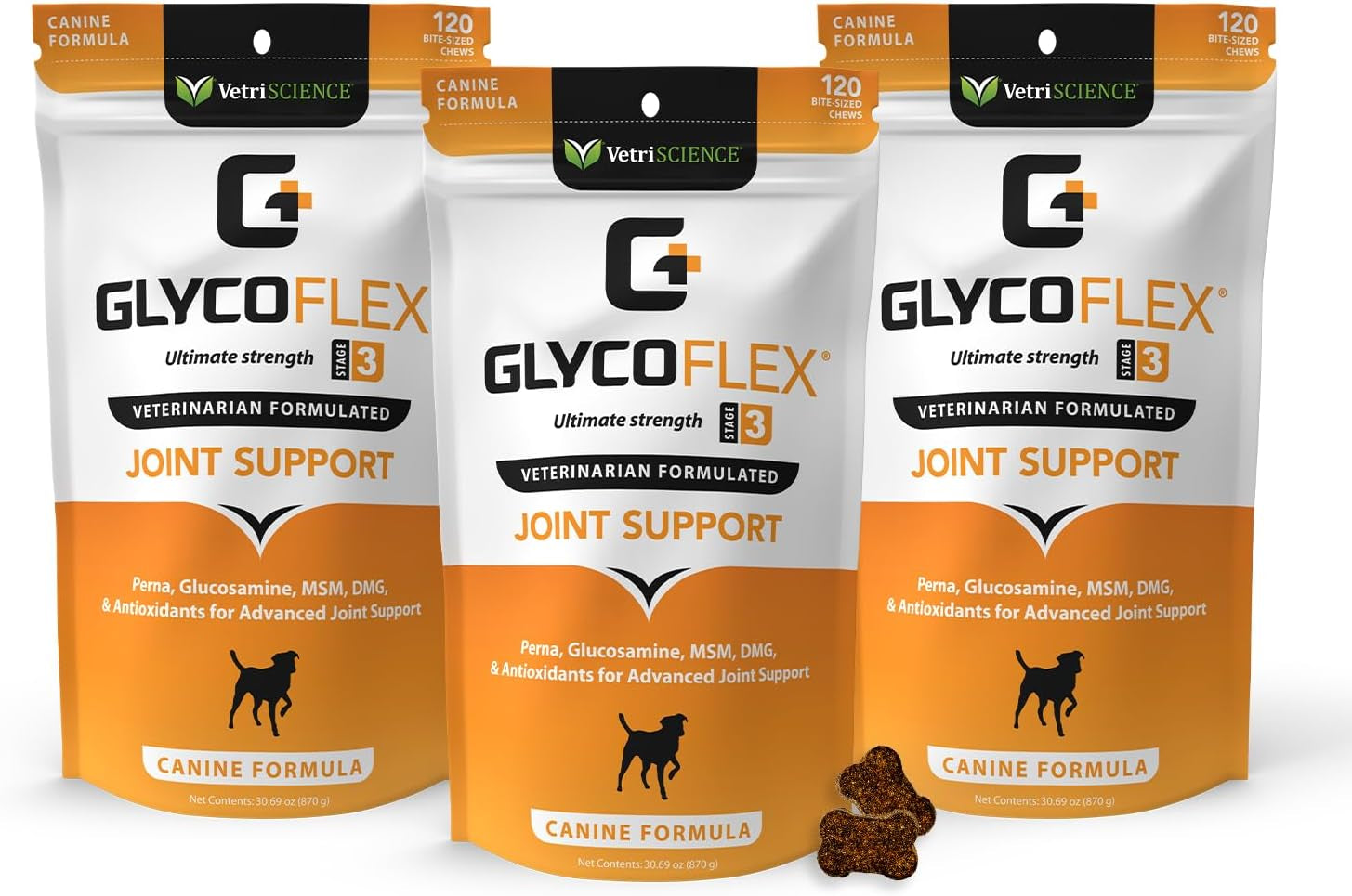 Vetriscience Glycoflex 3 Clinically Proven Hip and Joint Supplement for Dogs - Maximum Strength Dog Supplement with Glucosamine, MSM, Green Lipped Mussel & DMG - 3 Pack (120 Chews Each)​