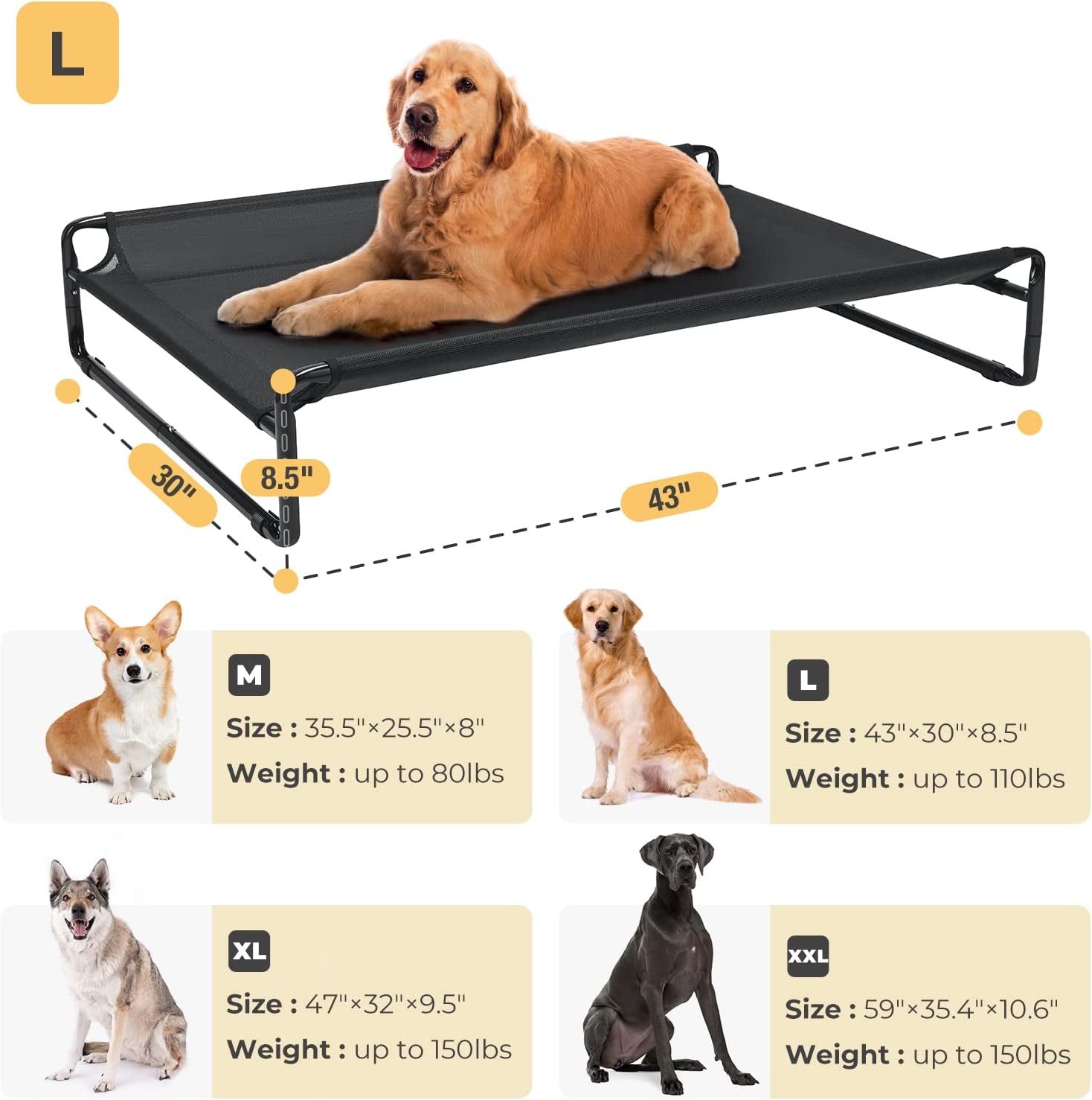 Veehoo Original Cooling Elevated Dog Bed, Outdoor Raised Cots Bed for Large Dogs, Portable Standing Pet with Washable Breathable Mesh, No-Slip Feet Indoor Outdoor, Large, Black, CWC2201