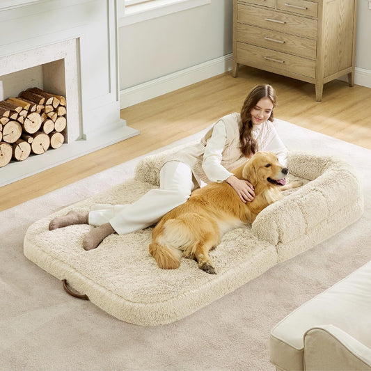 Bedsure Foldable Human Dog Bed for People Adults, 2 in 1 Calming Human Size Giant Dog Bed Fits Pet Families with Egg Foam Supportive Mat and Waterproof Liner, Faux Fur Orthopedic Dog Sofa, Cream