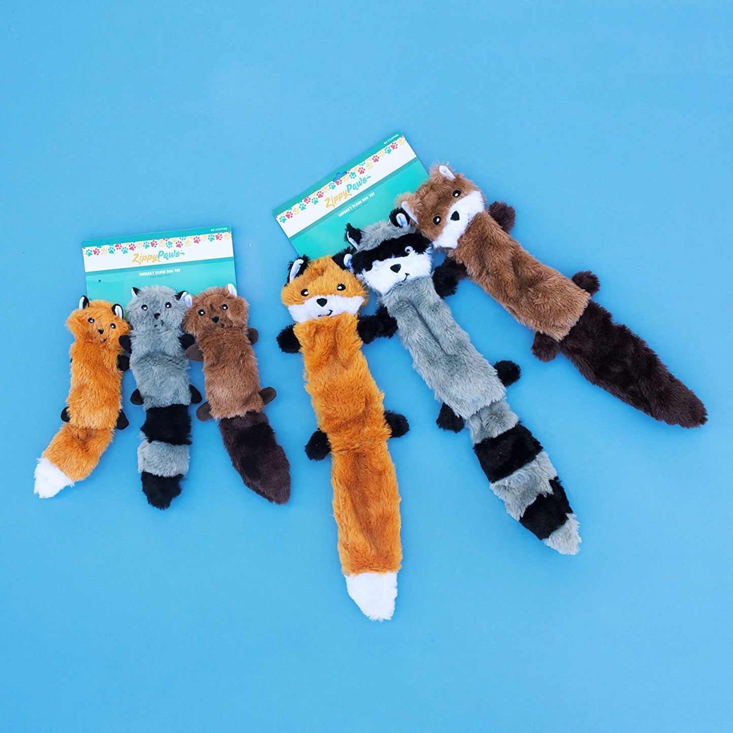 Zippypaws Skinny Peltz - Fox, Raccoon, & Squirrel - No Stuffing Squeaky Dog Toys, Unstuffed Chew Toy for Small & Medium Breeds, Bulk Multi-Pack of 3 Soft Plush Toys, Flat No Stuffing Puppy Toys - 18"