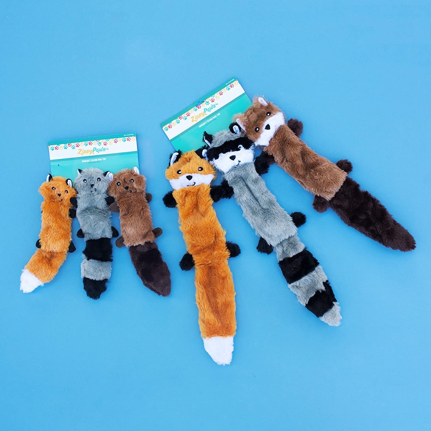 Zippypaws Skinny Peltz - Fox, Raccoon, & Squirrel - No Stuffing Squeaky Dog Toys, Unstuffed Chew Toy for Small & Medium Breeds, Bulk Multi-Pack of 3 Soft Plush Toys, Flat No Stuffing Puppy Toys - 18"