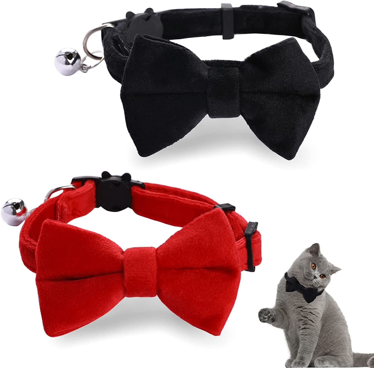 2 Pcs Velvet Cat Bow Tie Collar Breakaway Cat Collar with Bell Adjustable Bowtie Kitten Small Puppy Safety Collar Solid Color Set Pet Bow Tie Collar (Pink, Blue)