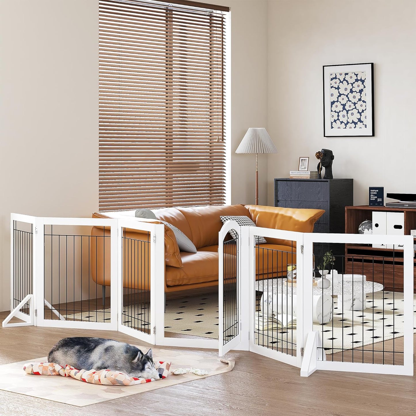 PAWLAND Extra Wide Dog Gate for the House, Doorway, Stairs, Dog Fences Indoor, Freestanding Foldable Wooden Pet Gates for Dogs, Set of Support Feet Included, 96 in Wide 30 in Tall, 4 Panels White