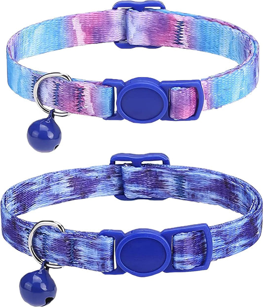 Cute Cat Collar for Girl Boy,Colorful Breakaway Cat Collars with Bell 2 Pack，Adjustable Printed Nylon with Safety Buckles Kitten Collar (Starry Sky)