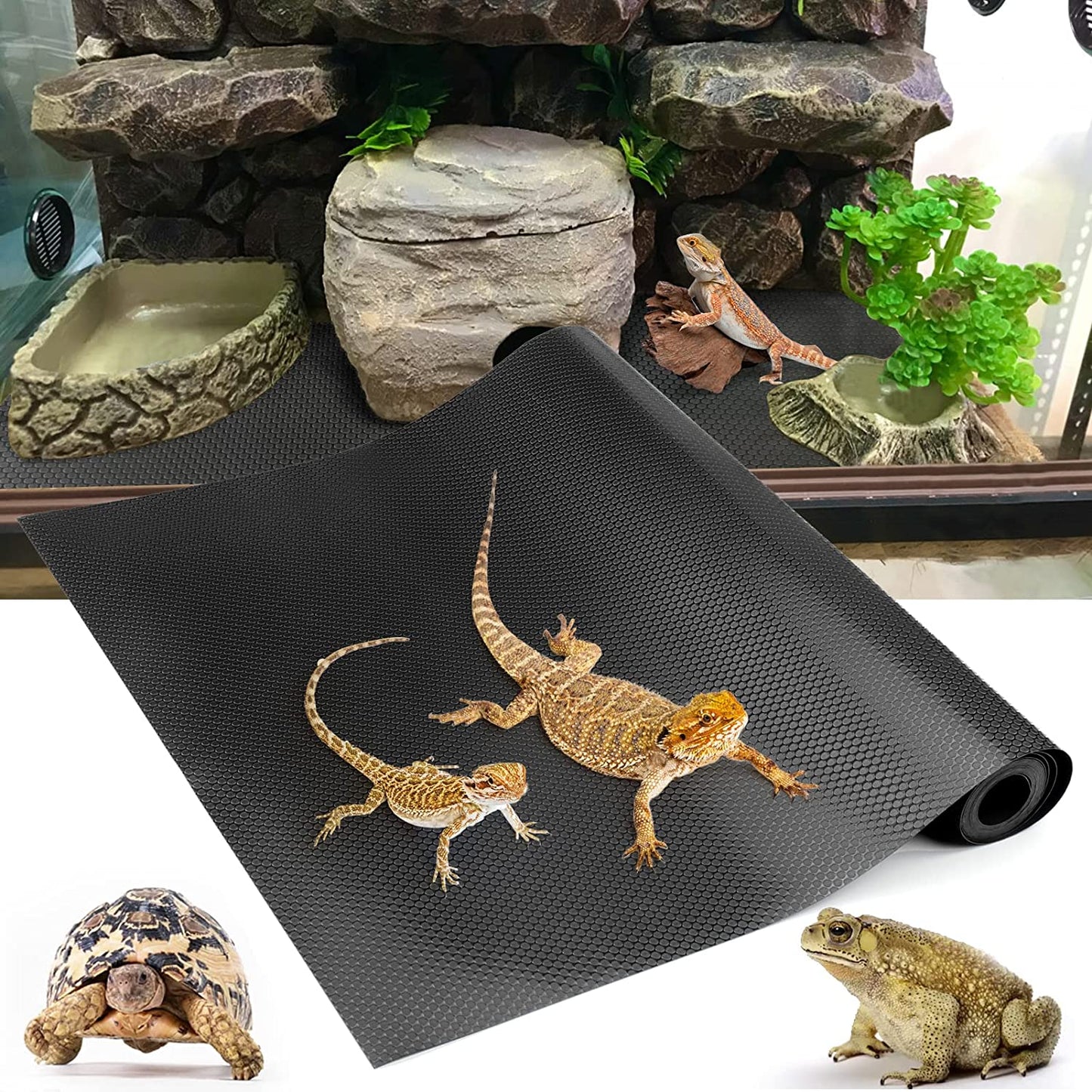 Bearded Dragon Tank Accessories, Reptile Terrarium Carpet Substrate for Leopard Gecko, Lizard, Iguana, Snake, Tortoise, Non-Adhesive Reptile Habitat Bedding(Black 79inch)