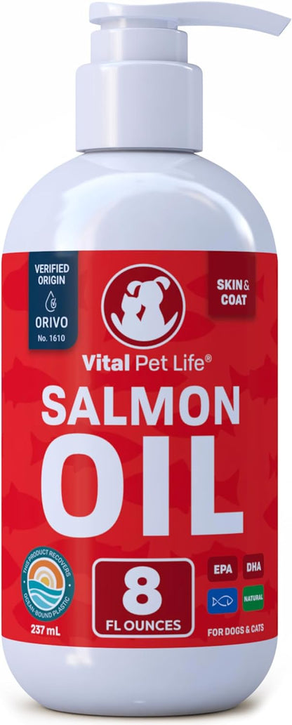 Salmon Oil for Dogs & Cats - Healthy Skin & Coat, Fish Oil, Omega 3 EPA DHA, Liquid Food Supplement for Pets, All Natural, Supports Joint & Bone Health, Natural Allergy & Inflammation Defense, 32 Oz