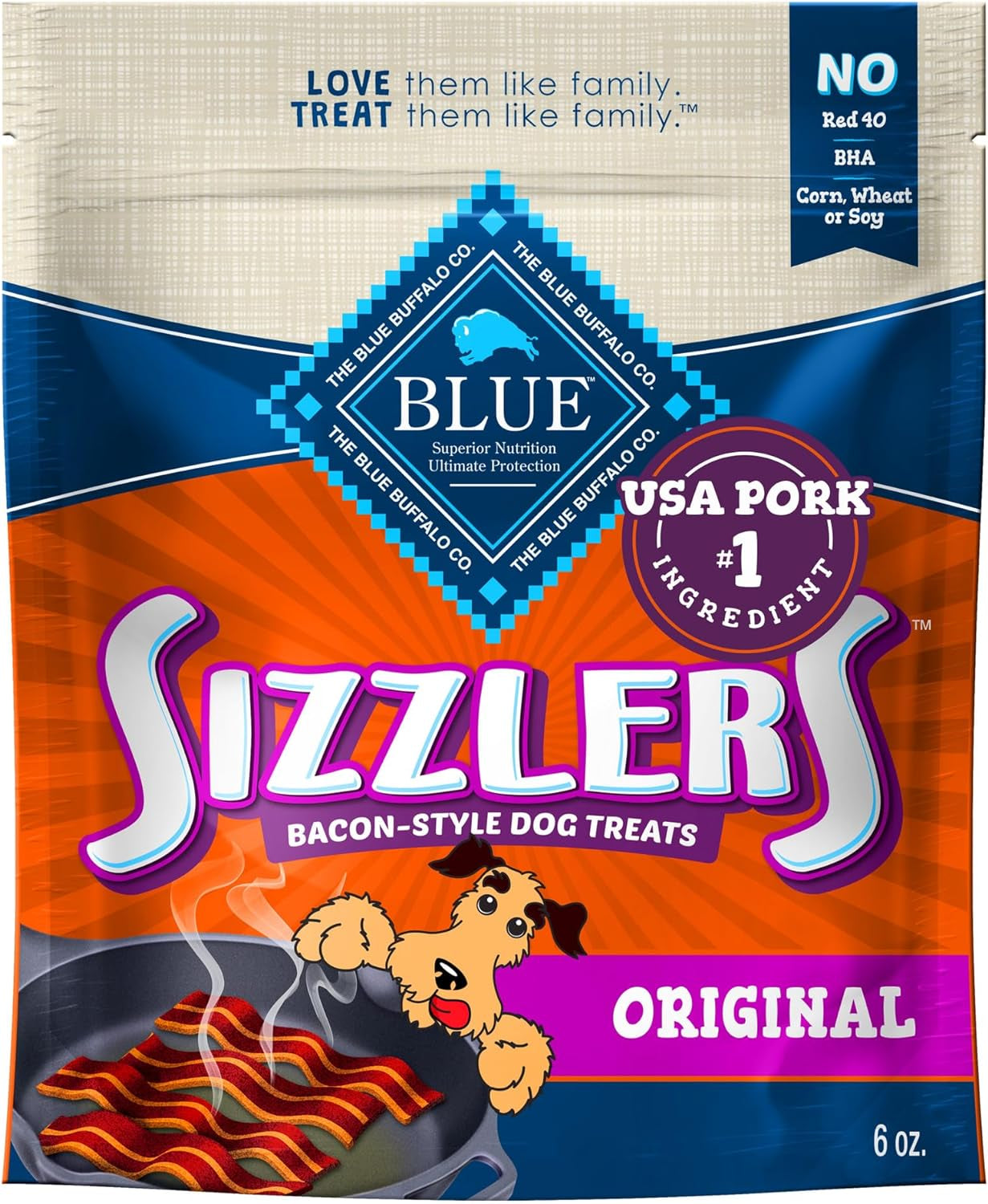 Blue Buffalo Sizzlers Natural Soft Dog Treats, Bacon-Style Soft-Moist Dog Treats with Real USA Pork, Original Flavor, 6-Oz. Bag