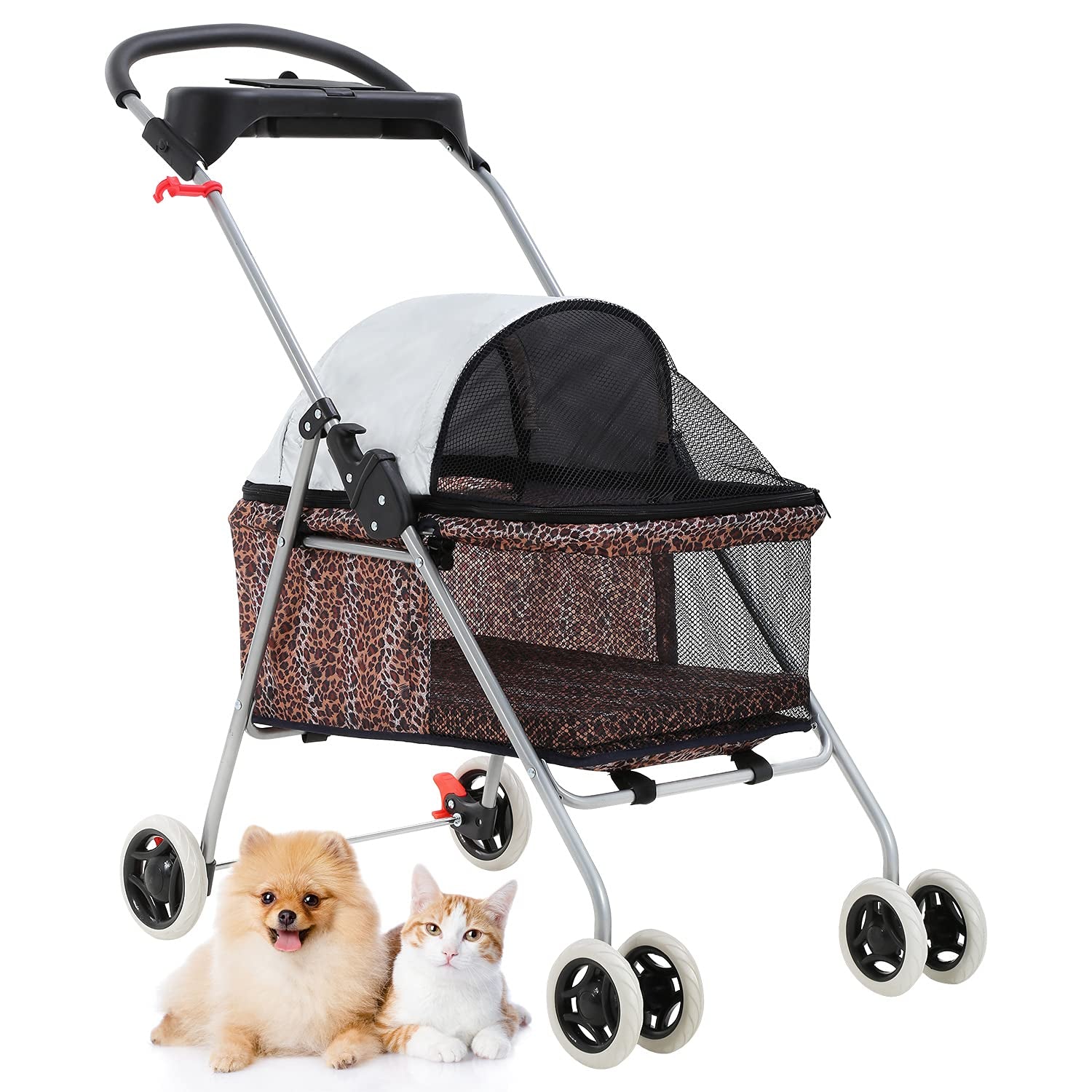 Bestpet Pet Stroller 4 Wheels Posh Folding Waterproof Portable Travel Cat Dog Stroller with Cup Holder (Leopard Skin)