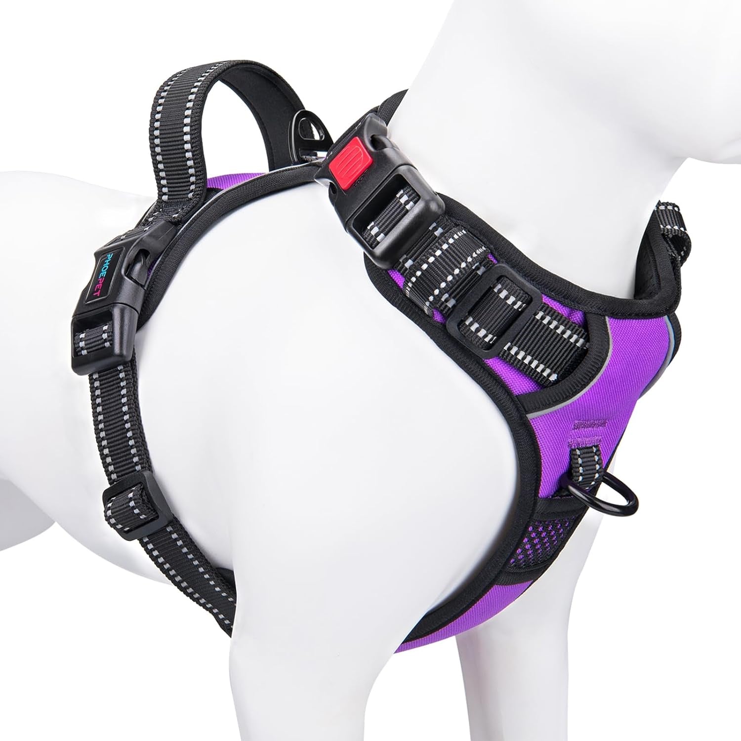 PHOEPET Reflective Dog Harness Large Breed Adjustable No Pull Vest with Handle 2 Metal Rings 3 Buckles [Easy to Put on & Take Off](L, Purple)