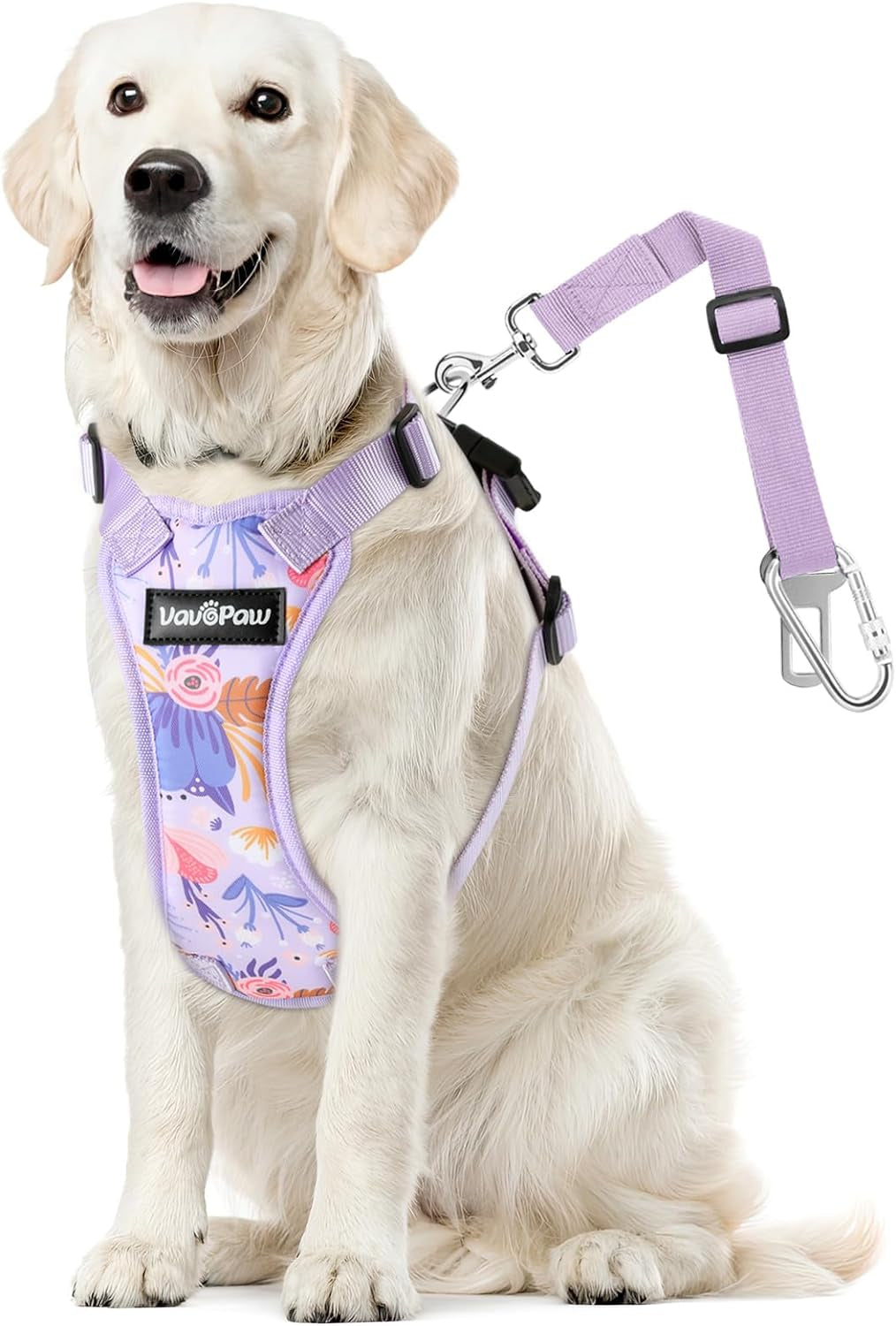 Dog Vehicle Safety Vest Harness, Adjustable Soft Padded Mesh Car Seat Belt Leash Harness with Travel Strap and Carabiner for Most Cars, XXL Size, Purple Flower