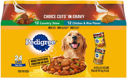 PEDIGREE CHOICE CUTS in GRAVY Adult Canned Soft Wet Dog Food Variety Pack, Country Stew and Chicken & Rice Flavor, 13.2 Oz. Cans (Pack of 24)