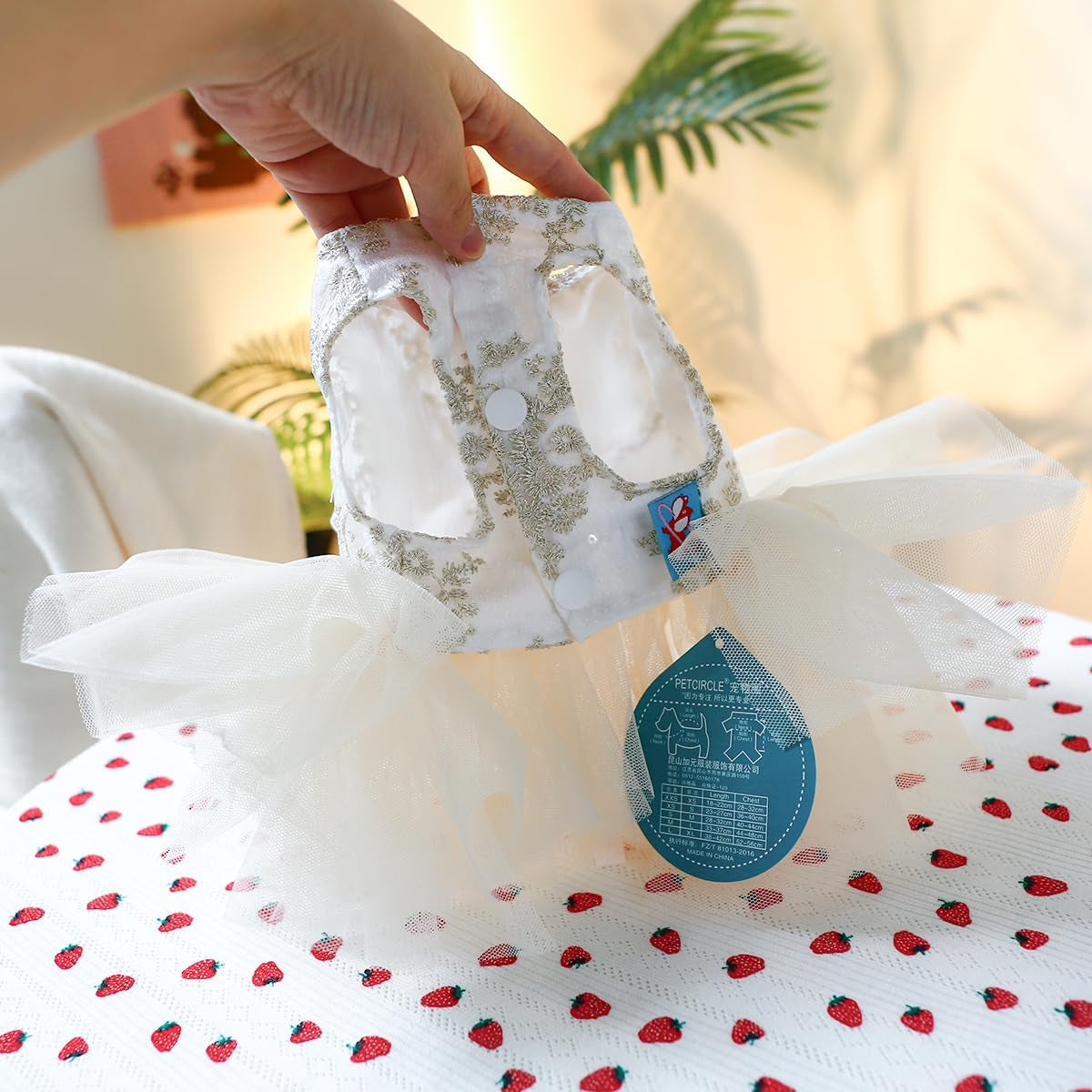 Champagne Dog Dresses for Small Dogs Girl with Leash Ring & Bow Decor,Luxury Dog Wedding Dress with Multi-Layer Princess Tutu Skirt, Embroidered Cat Dog Flower Dress(Champagne,M)