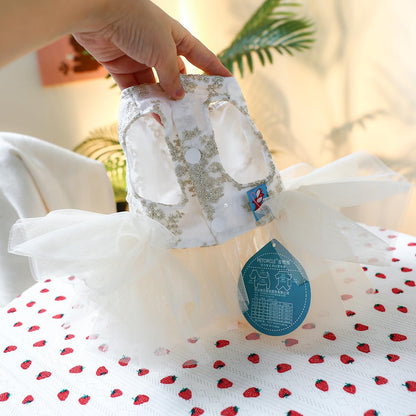 Champagne Dog Dresses for Small Dogs Girl with Leash Ring & Bow Decor,Luxury Dog Wedding Dress with Multi-Layer Princess Tutu Skirt, Embroidered Cat Dog Flower Dress(Champagne,M)