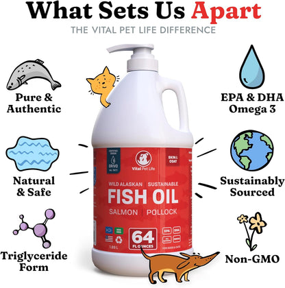 Fish Oil for Dogs - Healthy Skin & Coat, Salmon, Pollock, All Natural Supplement for Pets, Itching Scratching Allergy & Inflammation Defense, Omega 3 EPA DHA, Brain & Heart Health, 64 Oz