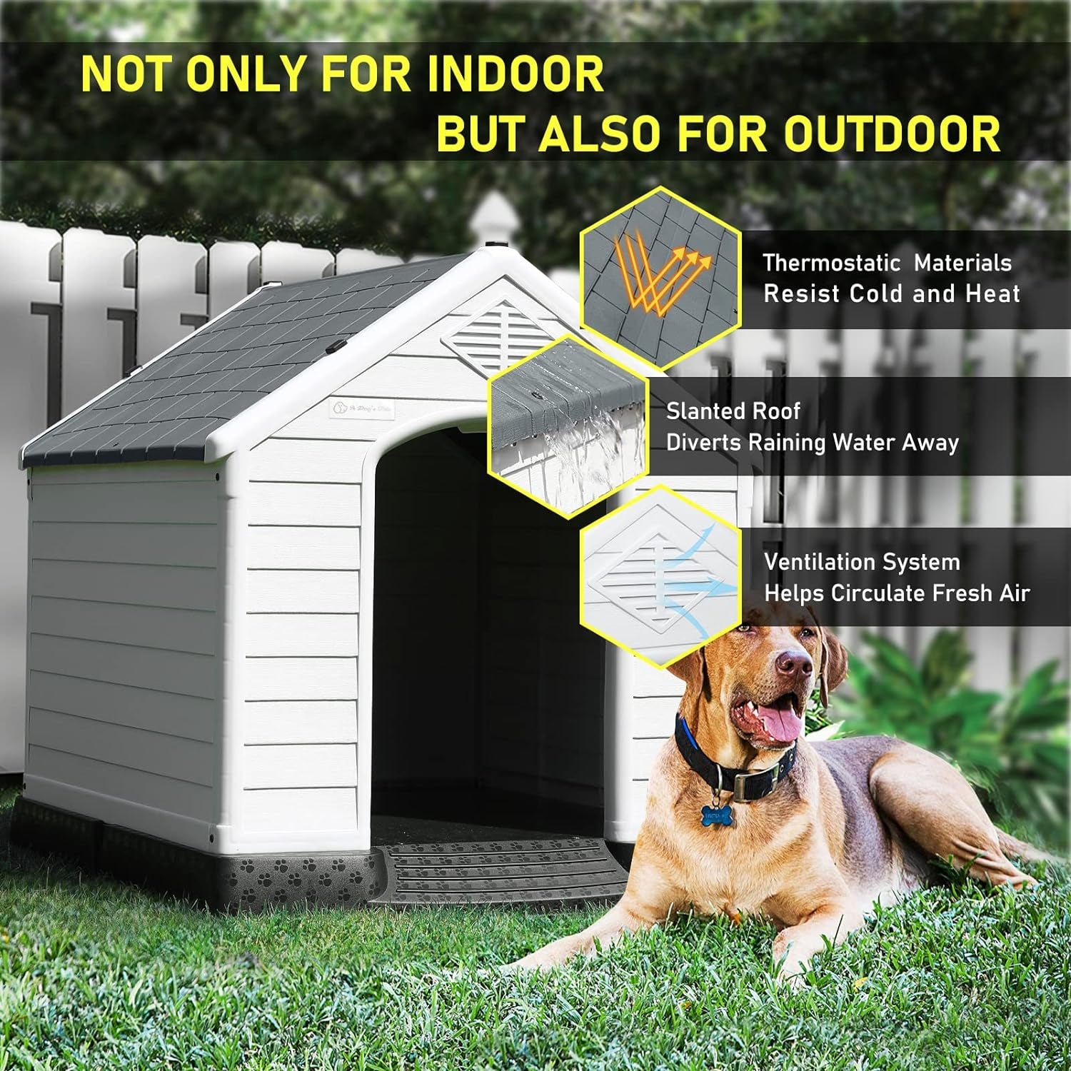 LEMBERI Durable Waterproof Plastic Dog House for Small to Large Sized Dogs, Indoor Outdoor Doghouse Puppy Shelter with Elevated Floor, Easy to Assemble (Brown, 42''L*38''W*39''H)