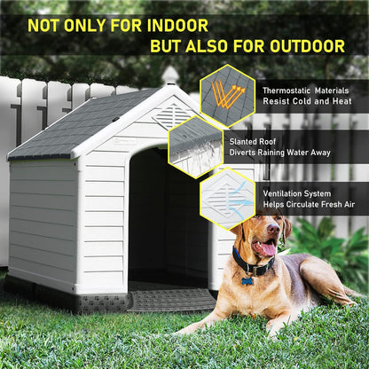 LEMBERI Durable Waterproof Plastic Dog House for Small to Large Sized Dogs, Indoor Outdoor Doghouse Insulated Puppy Shelter with Elevated Floor, Easy to Assemble (Blue, 34''L*31''W*32''H)