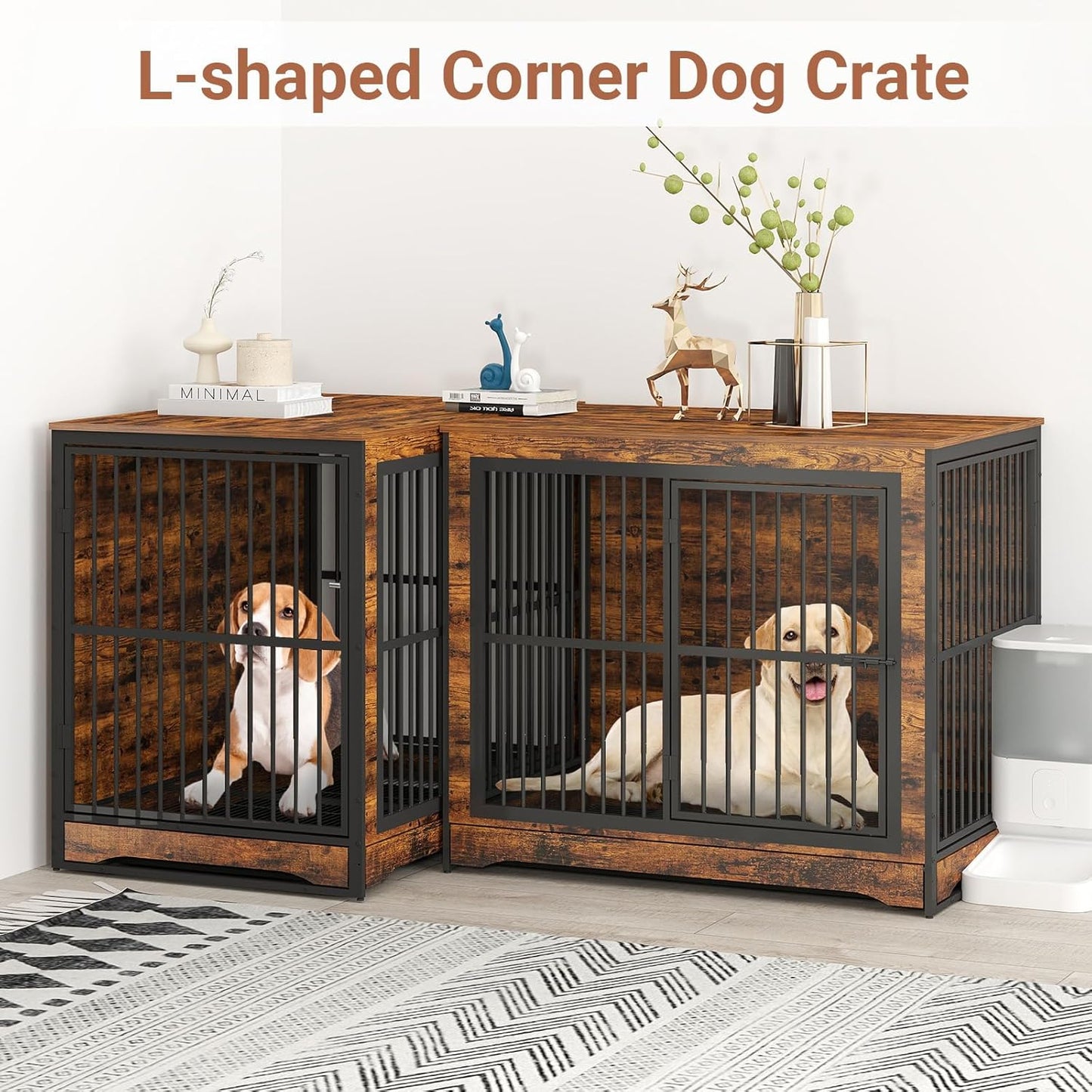 86 Inch DIY Double Dog Crate Furniture, 4 Combination Forms Large Dog Kennel Furniture with Divider and Trays, Rustic Brown Corner Double Dog Crate for 2 Dogs