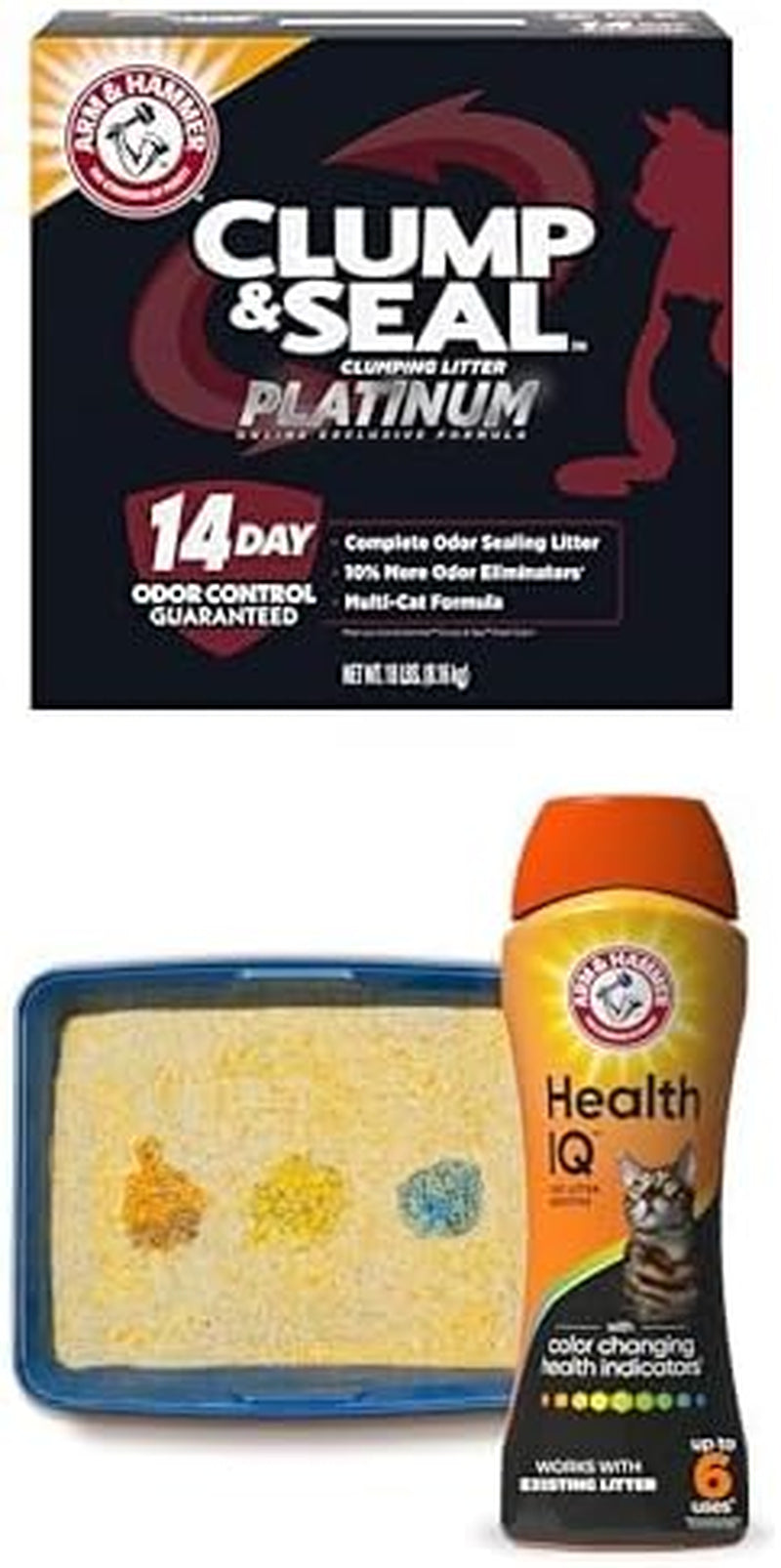 Arm & Hammer Clump & Seal Platinum Clumping Cat Litter, 14 Days of Odor Control 18Lb + Health IQ Cat Litter Additive, with Color Changing Health Indicators, Works with Most Litter, 10 Oz