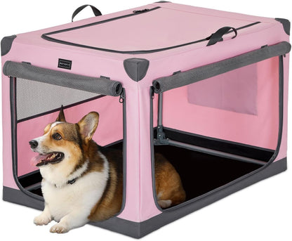 Petsfit Portable Dog Crate 30Inch Pink, Adjustable Fabric Cover by Spiral Iron Pipe, Chew Proof Strengthen Sewing Collapsible Dog Crate 3 Door Design