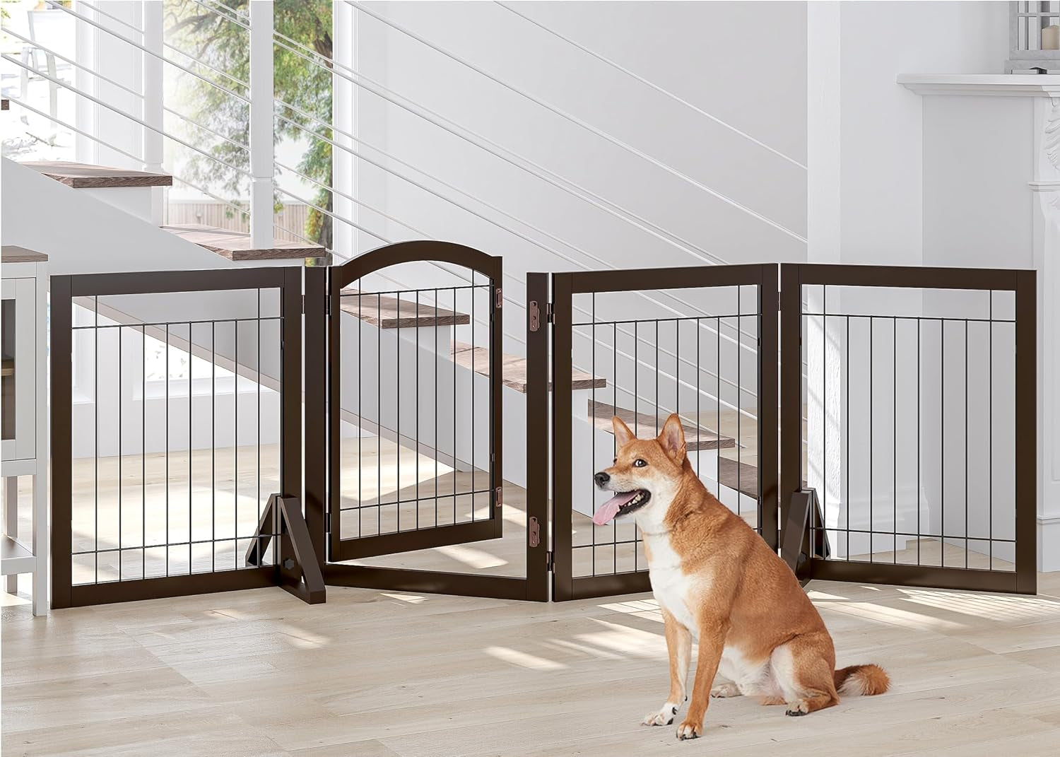 Spirich Extra Wide Dog Gates with Walk through Door, Wooden Freestanding Pet Gate for Dog, Dog Gate for the House, Doorway, Stairs, 120" Wide Pet Puppy Safety Fence with 6 Panels (White)