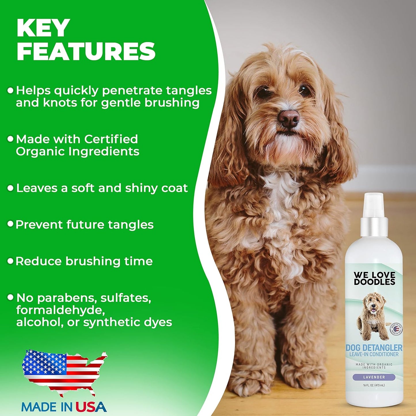 We Love Doodles Dog Detangler Spray - Leave-In Conditioner for Dogs - Dog Detangling Spray - Dematting Spray for Dogs - Tangle Remover - Made in the USA - Large 16 Fl Oz (Ocean Breeze)