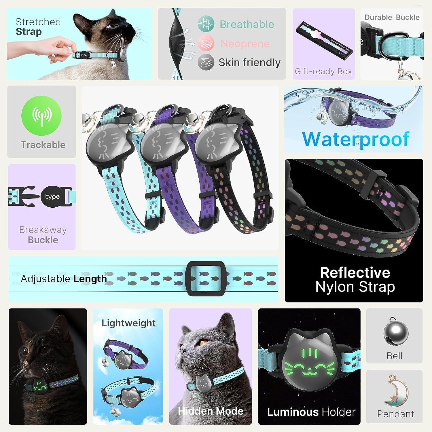 Waterproof Airtag Cat Collar, Breakaway Cat Airtag Collar with Luminous & Reflective Pattern Strap, Lightweight Kitten Collar for Apple Air Tag, Hidden Holder for GPS Tracker - Cats, Kittens (9-13")