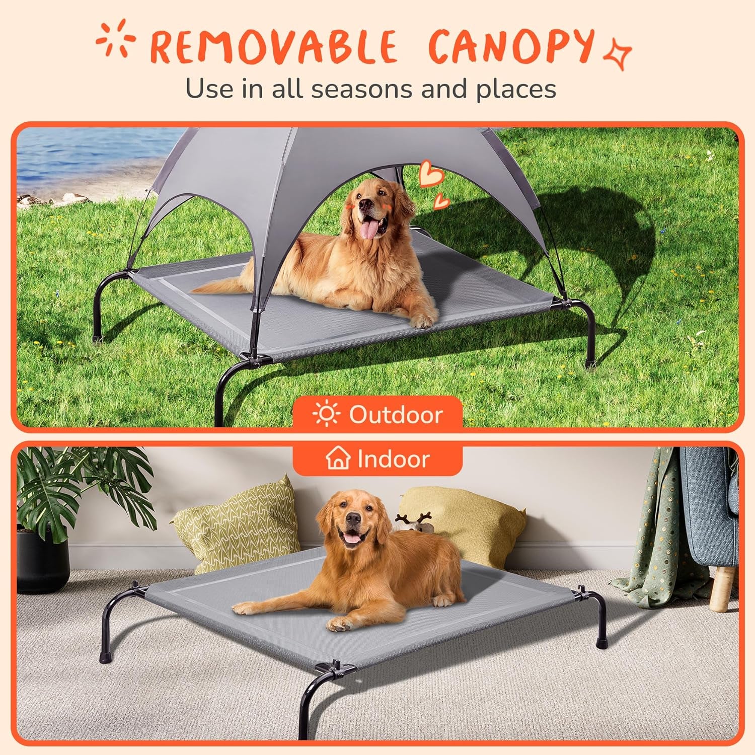 PRAISUN Outdoor Dog Bed with Canopy, XL Elevated Dog Bed, Dog Cot, Pet Bed with Oxford Fabric, Textilene Mesh, Carrying Bag, Cooling and Portable, for Indoors, Outdoors, Beach, Dark Gray