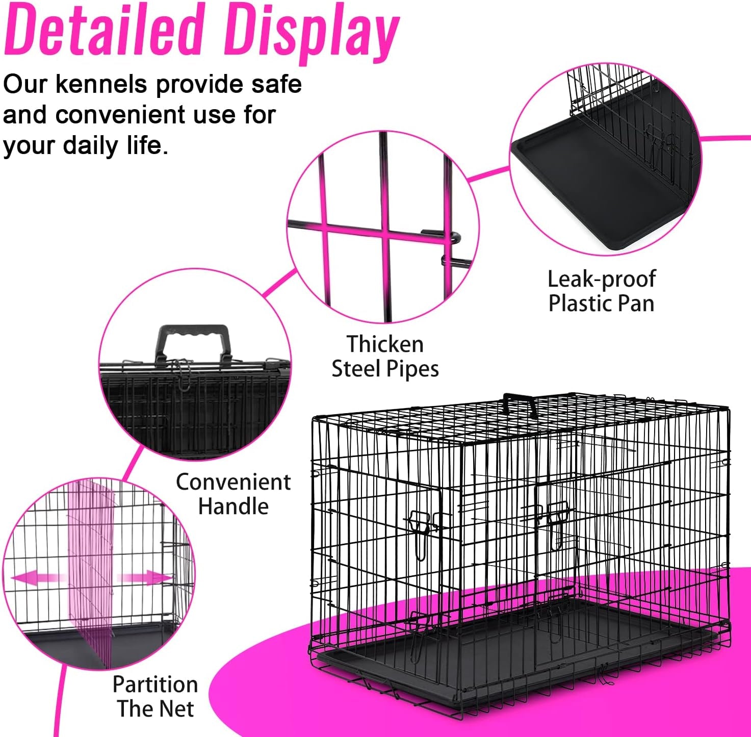 FDW Dog Crate Dog Cage Pet Crate for Large Dogs Folding Metal Pet Cage Double Door W/Divider Panel Indoor Outdoor Dog Kennel Leak-Proof Plastic Tray Wire Animal Cage (Black, 48 Inch)