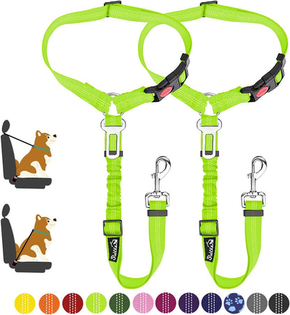 Slowton Dog Seat Belt for Car, 2 Pack Dog Car Harness Seatbelt Adjustable with Elastic Bungee Buffer, 2 in 1 Pet Car Leash Headrest Restraint Dog Reflective Safety Tether (Lime, Headrest+Clip)