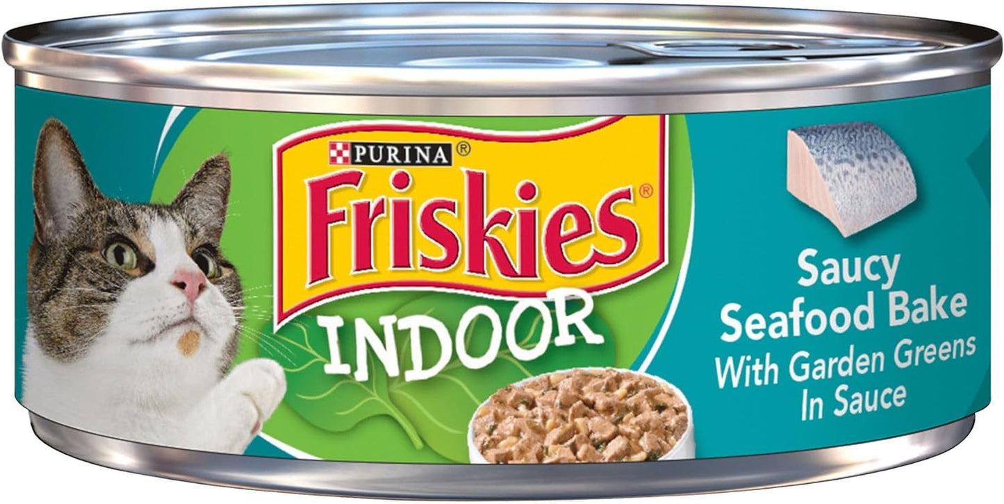 Purina Friskies Indoor Wet Cat Food, Indoor Meaty Bits Saucy Seafood Bake in Sauce - (Pack of 24) 5.5 Oz. Cans