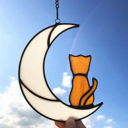 Orange Cat Glass Ornament for Cat Lovers, Tabby Cat Memorial Gift, Hanging Cat Suncatcher Decor for Window, White Moon Design, 6.3X5.1In, Handmade