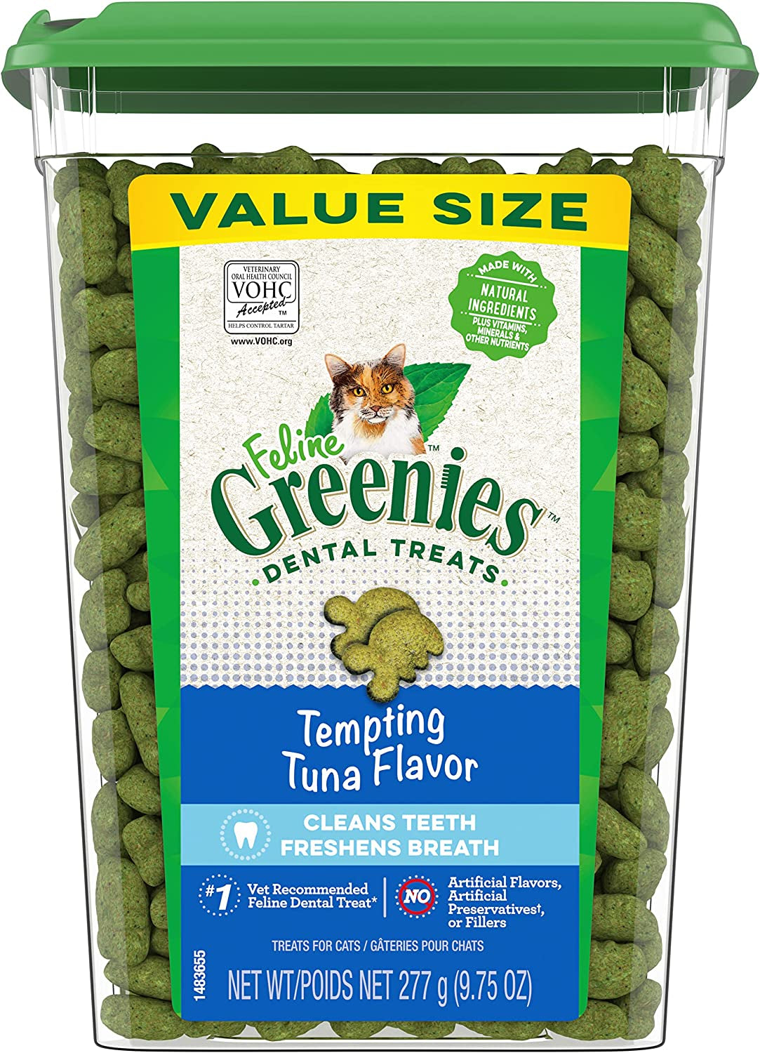 Greenies Feline Adult Natural Dental Care Cat Treats, Tempting Tuna Flavor, 9.75 Oz. Tub