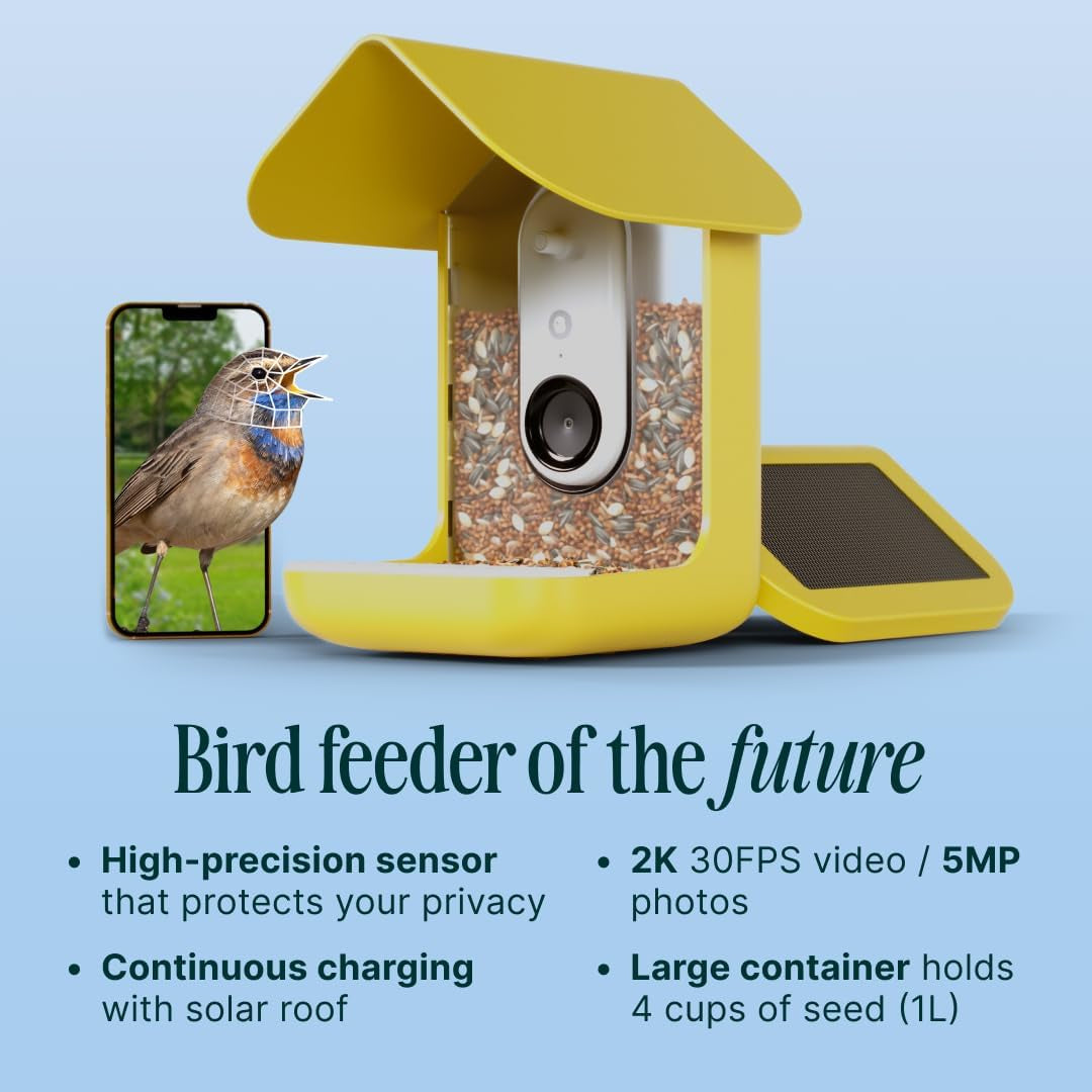 BIRD BUDDY® Original Smart Bird Feeder with Camera. High Resolution AI Camera for Beautiful Close-up Shots and a Unique Bird Watching Experience (Yellow, Bird Buddy with Solar Roof)