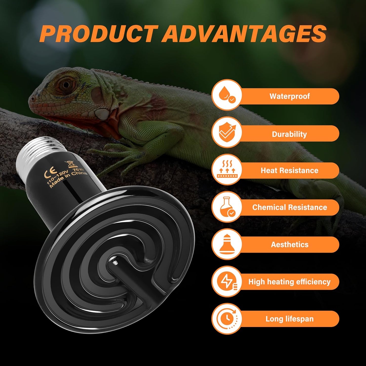 Simple Deluxe 75W Ceramic Heat Emitter 2-Pack, Reptile Heat Lamp No Light Emitting Heat Bulbs for Amphibian Terrarium, Bearded Dragon Lizard Snake Turtle, Brooder Coop Incubating Chicken