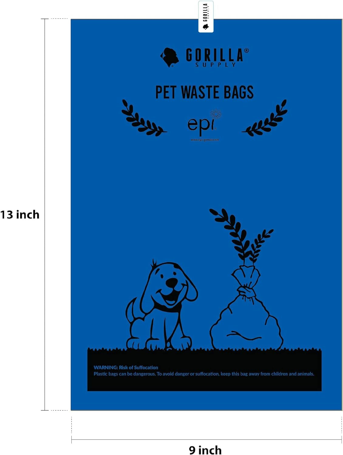 GORILLA SUPPLY Dog Poop Waste Bags with Dispenser and Leash Tie, 9" X 13", Blue, 1000 Count