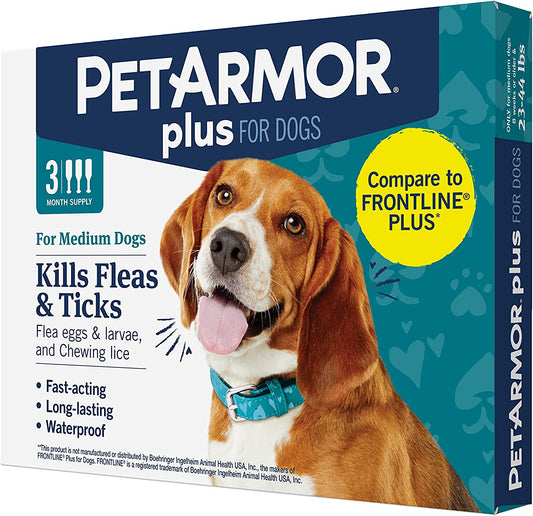 Petarmor plus Flea and Tick Prevention for Dogs, Dog Flea and Tick Treatment, 3 Doses, Waterproof Topical, Fast Acting, Medium Dogs (23-44 Lbs)