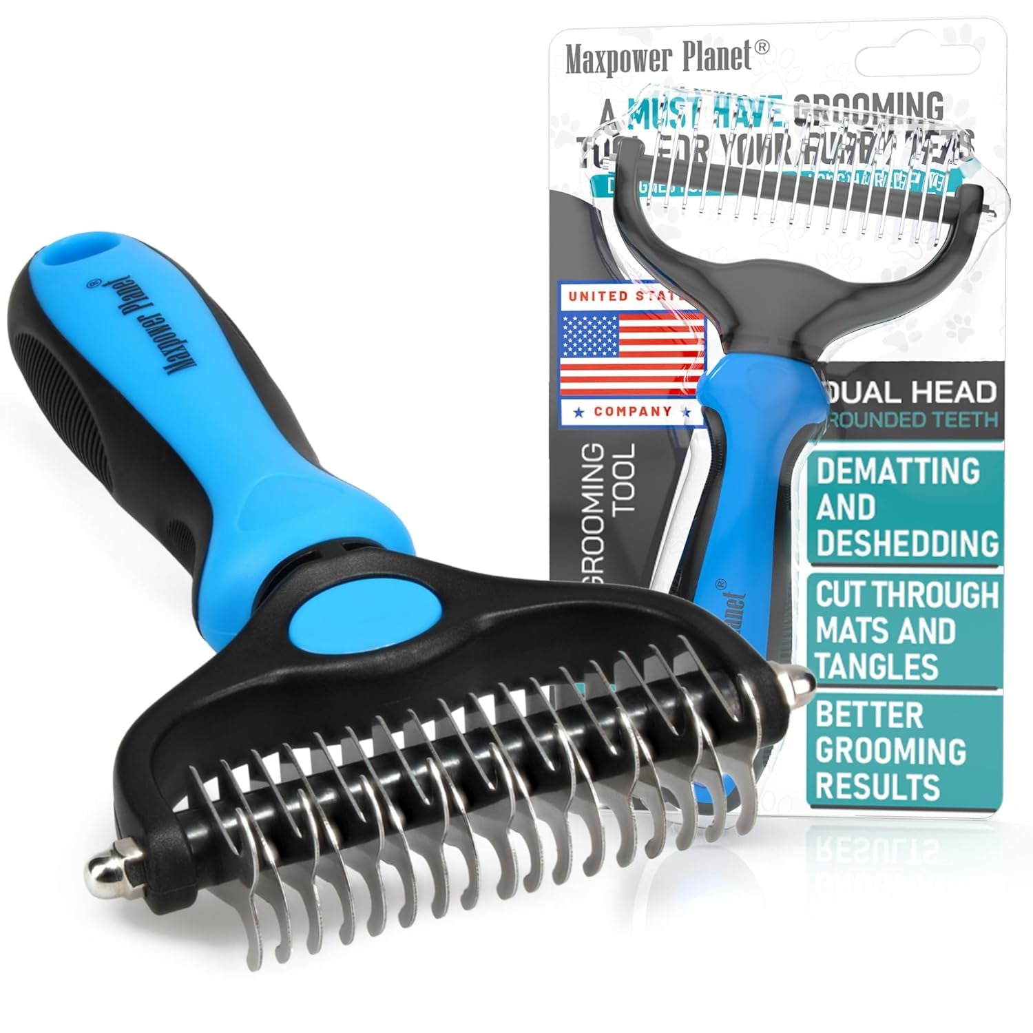 Maxpower Planet Pet Grooming Brush - Double Sided Shedding, Dematting Undercoat Rake for Dogs, Cats - Extra Wide Dog Grooming Brush, Dog Brush Shedding, Cat Brush, Reduce Shedding by 95%, Turquoise