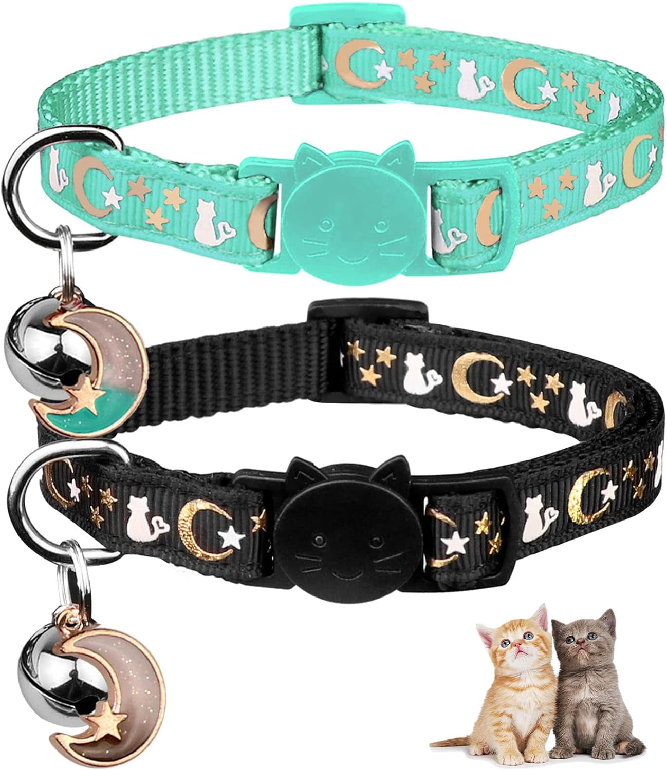 2PCS Breakaway Cat Collars with Bell Cute Kitty Glow in the Dark Adjustable Kitten Collars 7.9-13.0 Inch(Teal&Black)