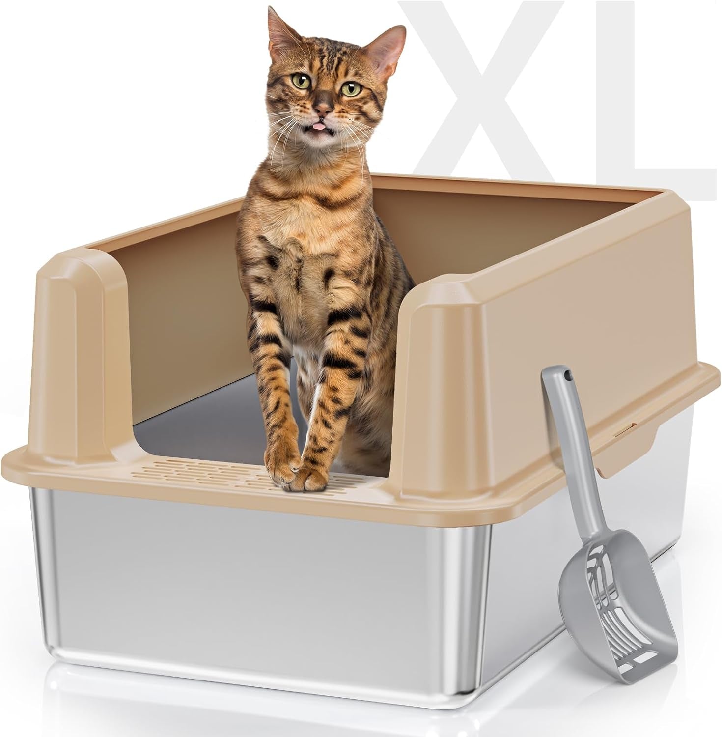 Enclosed Stainless Steel Cat Litter Box with High Side, X-Large Litter Box for Big Cats, Easy Clean Metal Kitty Litterbox, Non-Stick, Anti-Leakage, Include Litter Scoop