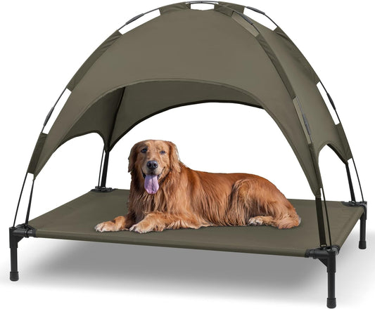 Heeyoo Elevated Dog Bed with Canopy, Outdoor Dog Cot with Removable Canopy Shade Tent, Portable Raised Pet Cot Cooling Bed for Dogs and Cats