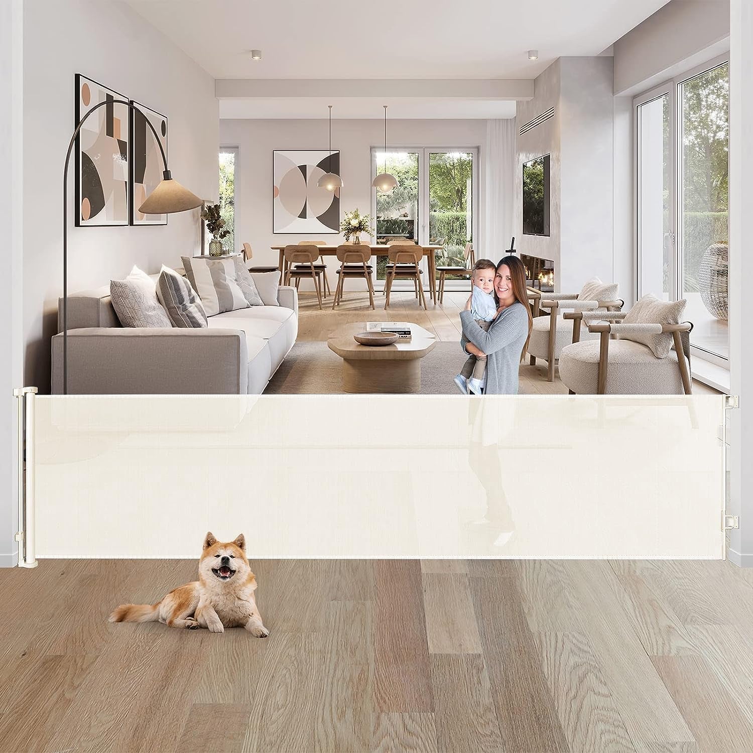 80 Inch Extra Wide Retractable Baby Gate for Large Openings,Retractable Baby Gate Safety Mesh Gate,Extra Long Dog Gates for Indoor/Outdoor,Doorways,Stairs,Hallways (Beige)