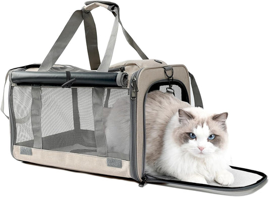 HSC PET Cat Bag Soft Small Dog Carrier Puppy Rabbit Small Pets Ourdoor Travel,360 Degree Perspective Breathable Mesh Windows,2 Window Shade Curtains,Side&Top Load（Khaki）