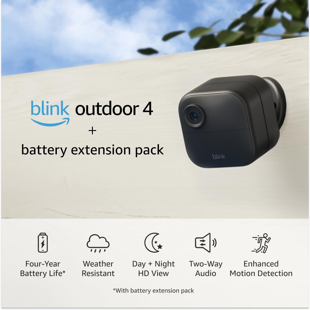 Blink Outdoor 4 (4Th Gen) + Battery Extension Pack — Four-Year Battery Wire-Free Smart Security Camera, Two-Way Audio, HD Live View, Enhanced Motion Detection — Add-On Cam (Sync Module Required)