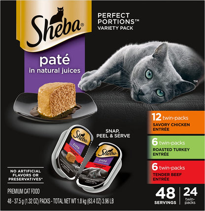 SHEBA Perfect Portions Paté Wet Cat Food Trays (24 Count, 48 Servings), Savory Chicken, Roasted Turkey, and Tender Beef Entrée, Easy Peel Twin-Pack Trays