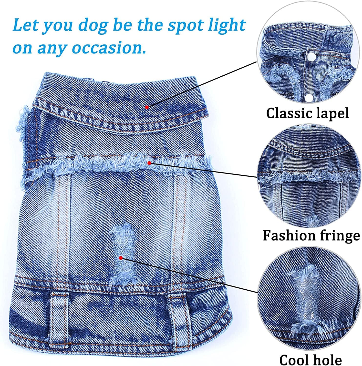 Dog Jean Jacket, Blue Denim Lapel Vest Coat T-Shirt Costume Cute Girl Boy Dog Puppy Clothes, Comfort and Cool Apparel, for Small Medium Dogs Cats, Machine Washable Dog Outfits (XS, Blue)