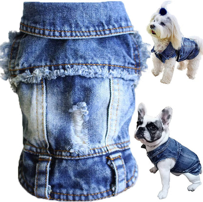 Dog Jean Jacket, Blue Denim Lapel Vest Coat T-Shirt Costume Cute Girl Boy Dog Puppy Clothes, Comfort and Cool Apparel, for Small Medium Dogs Cats, Machine Washable Dog Outfits (XXL, Blue)