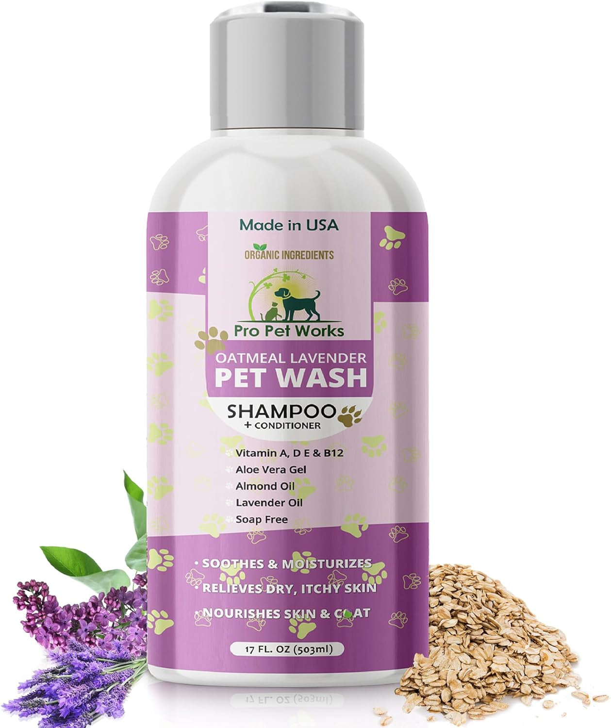 5 in 1 Oatmeal Lavender-Lilac Dog Shampoo and Conditioner 17Oz-Organic Soap/Sulfate Free-Deshed Moisturizer for Dandruff Allergies & Itchy Dry Sensitive Skin-Grooming for Smelly Puppy-Pro Pet Works